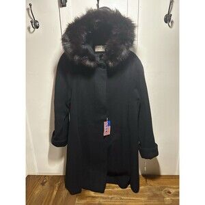 Vintage Cathy Jo Wool Coat Overcoat With Fox Fur Hood Black Button Up Women’s 8